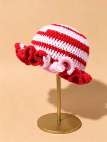 Contrast Color Knit Large Ruffle Edge Versatile Handmade Crochet Hat (Random Hat Color) - Multicolor - View 9