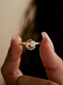 1pc Moon Shape Opal Stone Open Ring Minimalist Dainty Crescent Finger Ring Women Daily Elegant Jewelry Gift - Crescent Moon Ring - View 2