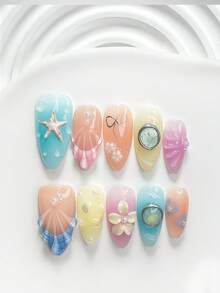 10片夏季風格手工穿戴式美甲，Polygel美甲套組，星星、花朵、蝴蝶結、貝殼碎片，藍色、黃色、紫色指甲油，清新風格，含美甲工具，3種尺寸可選，方形、短方形、杏仁形，適合派對、跳舞、日常配戴 - 彩色 - 查看 12