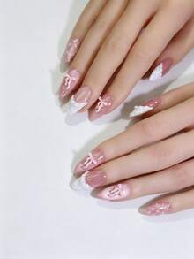 10 piezas de uñas postizas de almendra con ojo de gato rosa dulce, hechas a mano, con lazo 3D y patrón de encaje de perlas, punta francesa blanca, reutilizables, para DIY, citas, uso diario, belleza de uñas, regalo para mujeres - Rosa - Ver 4