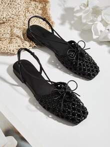 Square Toe Closed Toe Burgundy French Handmade Woven Bow Backless Slip-On Flat Sandals - Black - View 2