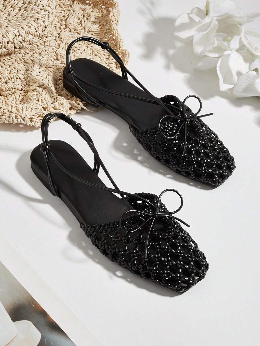 Square Toe Closed Toe Burgundy French Handmade Woven Bow Backless Slip-On Flat Sandals