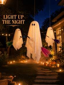 3pcs Halloween Outdoor Decor, Broom Riding Ghost Hanging Ornament With Built-In Warm Light, Flying Ghost Home Decoration, Floating Gauze Ghost, Suitable For Trees, Porch, Yard, Patio And Indoor Halloween Decor - Multicolor - View 6