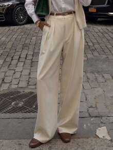 Casual Versatile Commute Solid Color Straight Leg Pants - Cream - View 3