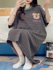 女款可愛休閒熊圖案條紋短袖睡裙，春夏秋居家穿著，可外穿 - 彩色 - 查看 10