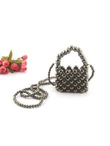Mini Solid Color Beaded Handbag, Travel Fashion Outfit Mini Accessory Crossbody Bag - Dark Grey - View 3