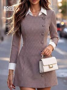 ROSIE POPHUB Women's Plaid Elegant Mini Dress, Fake Two-Piece Side Button Slim Preppy Skirt Dress For Back To School, Teacher Commute Fall & Winter - Grey - View 5