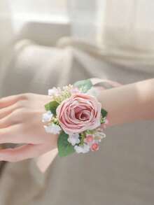 1pc/2pcs/6pcs Pink Rose With Baby's Breath Men's Boutonniere And Women's Wrist Corsage, Suitable For Wedding Decoration, Party, Dinner, Ball, Travel, Anniversary - Pink - View 12