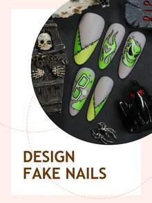 10pcs Y2K-Style Acrylic Press-On Nails Featuring Green Graffiti, Stitched Details, And Devil-Heart Motifs; Long Almond-Shaped Tips Suitable For Halloween Parties And Music Festival Performances. - Multicolor - View 2
