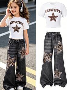 Y2K Style Spicy Leopard & Star Print White Short Sleeve T-Shirt + Loose Denim-Look Pants 2-Piece Set, Casual Outdoor Summer - White - View 4