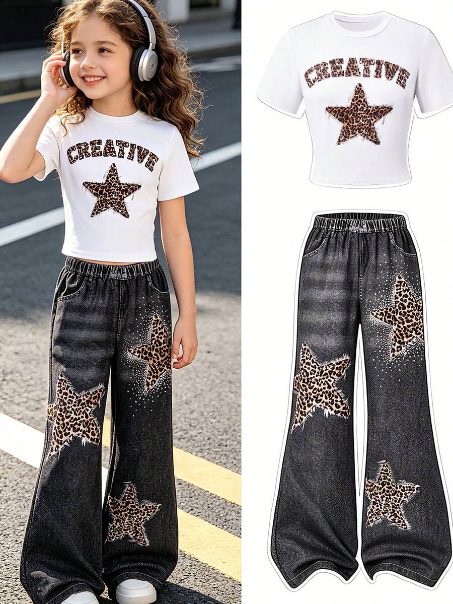 Y2K Style Spicy Leopard & Star Print White Short Sleeve T-Shirt + Loose Denim-Look Pants 2-Piece Set, Casual Outdoor Summer - White - View 1
