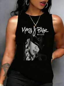 Mary J Blige Graphic Tank Tops Women, Y2K Summer Sleeveless Tops, Music Festival Going Out Crop Tops, Casual Streetwear - 黑色8 - 查看 1
