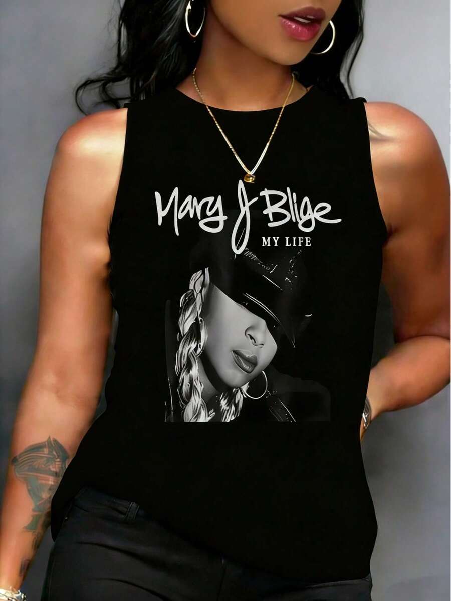 Mary J Blige Graphic Tank Tops Women, Y2K Summer Sleeveless Tops, Music Festival Going Out Crop Tops, Casual Streetwear - 黑色8 - 查看 1