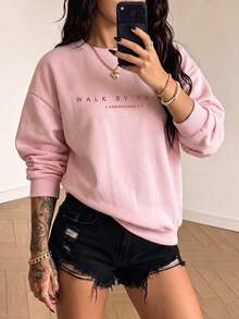 女款秋冬新款寬鬆極簡純色休閒時尚百搭抓絨內裡圓領衛衣 - 粉色 - 查看 4
