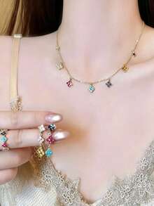 4pcs/Set Dopamine Four-Leaf Clover Colorful Necklace, Earrings, Ring Set, Four-Leaf Clover Shaped Micro-Inlaid Colorful Zirconia, Light Luxury Niche Design, Suitable For Women's Daily And Evening Wear, Perfect Gift Choice For Girlfriend/Friend/Mom On Holidays - Multicolor - View 2