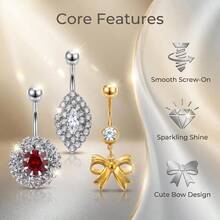 3Pcs Assorted Inlaid Rhinestone Belly Button Rings, Screw Ball Dangle Navel Piercing Jewelry Set For Women - 3-piece Set - View 4