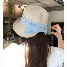 New Hot-Selling Fashion Personalized Elegant Versatile Japanese Style Linen Bow Bucket Hat Women's Summer Wide Brim Sun Protection Bucket Hat Breathable Lightweight Back Split Sun Hat - Upgraded Linen Wrinkle - View 10