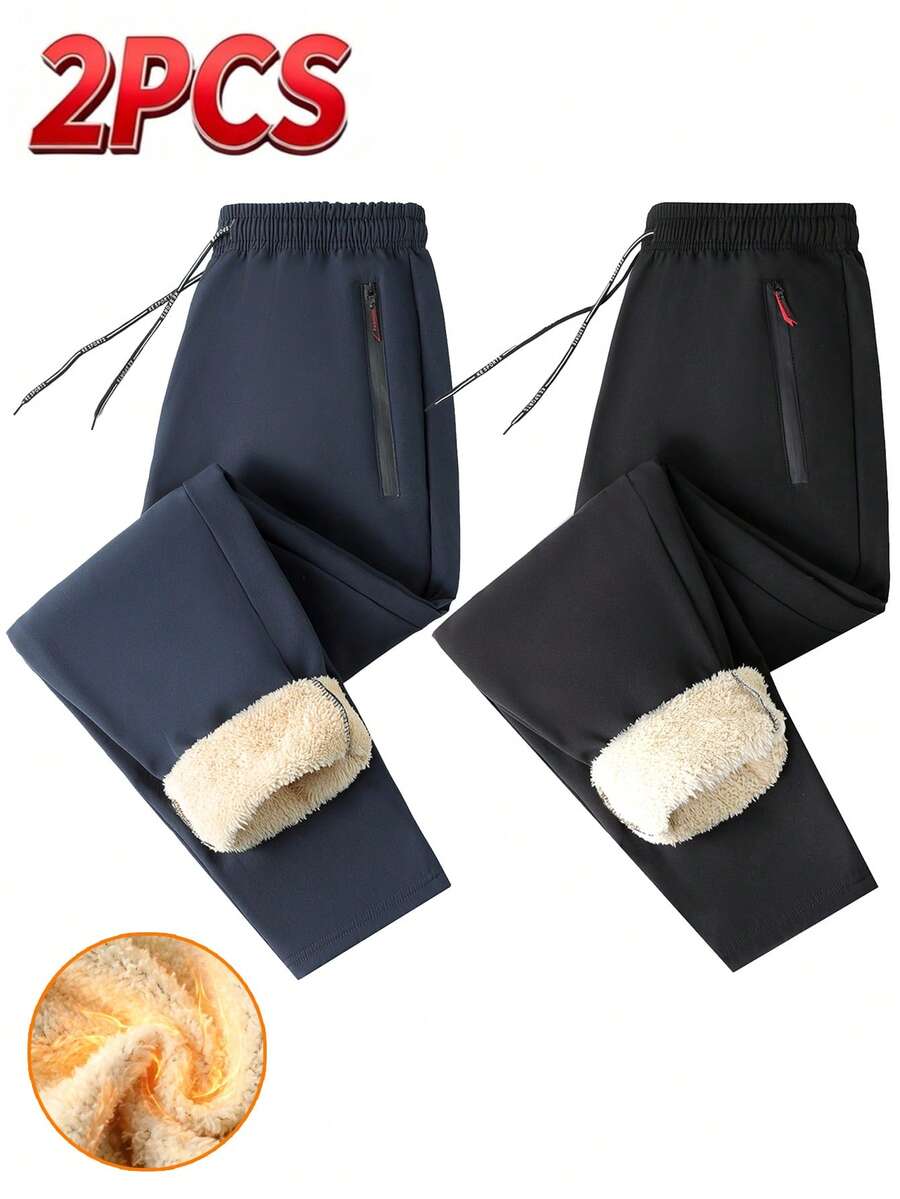 2pcs/Pack Men's Thick Wool Lined Straight Leg Pants, With Elastic Drawstring And Side Zipper Pockets, Suitable For Winter Casual Wear And Warmth - Multicolor - View 1