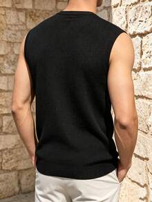 ALTZTAR Men's Knitted Sleeveless Ribbed Henley Neck Tank Top - Black - View 3