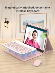 平板電腦旋轉鍵盤保護殼，相容 iPad + 滑鼠，PU 皮革，相容 A16 11 吋 11 代 2025、10 代 2022，適用於 iPad 7 代/8 代/9 代、Air 4/5/6/7/8、iPad Pro 11，含配件，便攜式無線鍵盤 (150mAh)，附筆槽，支持 360 度旋轉，粉紅色 - Pink Rotating Keyboard+case+mouse set - 查看 5