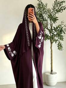 Abaya Depan Terbuka Bordir dengan Hijab Senada, Mantel Panjang Lengan Kelelawar yang Sopan, Bordir Bunga Elegan, Potongan Longgar, Pakaian Sehari-hari Wanita Muslim - MultiWarna - View 3