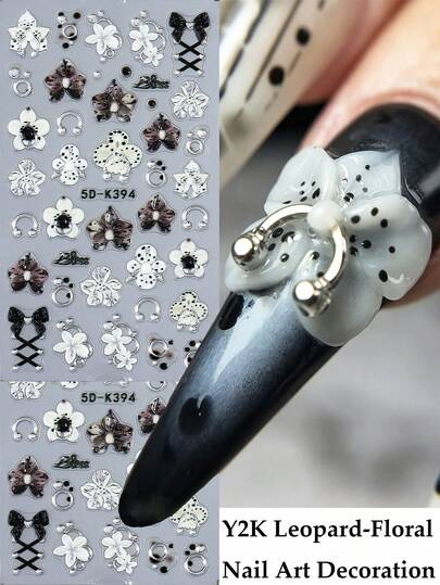 Y2K Goth Style Floral Nail Decoration Stickers Featuring Orchid Butterfly Orchid And Hibiscus Flower Petal Leopard Design Patterns, Punk Cool Design, Cute And Charming, DIY Nail Art Decoration Stickers Supplies