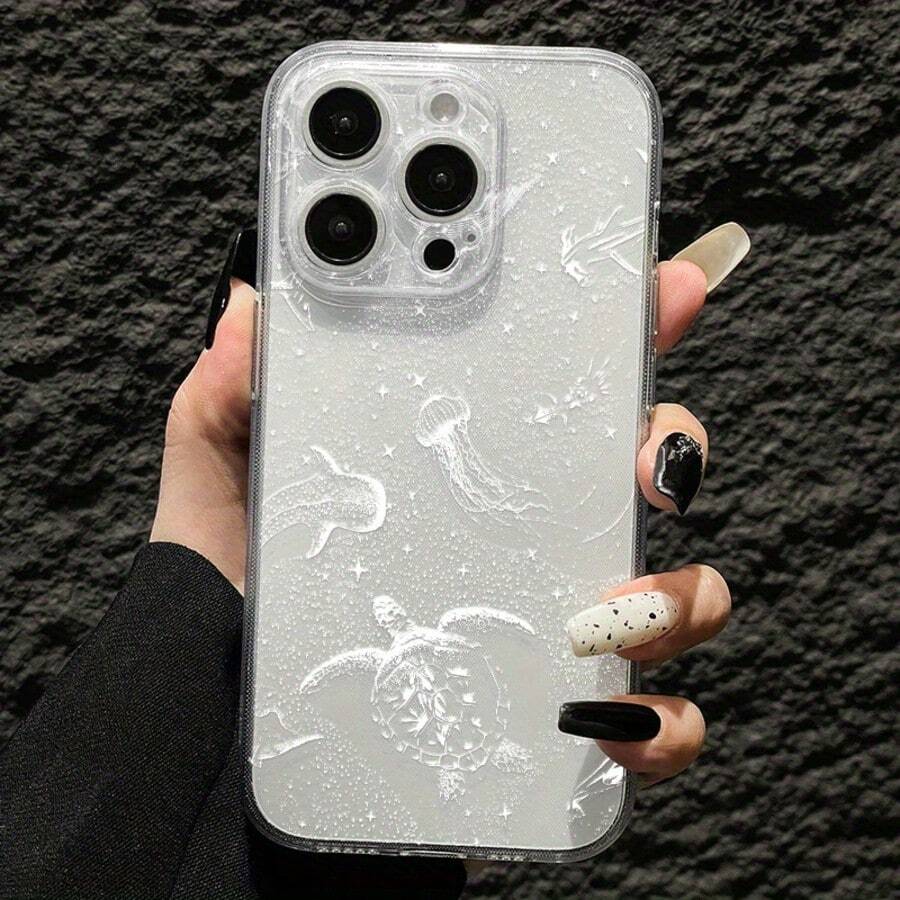 精準孔位高透明全螢幕白色星空海龜彩繪防摔透明手機殼,相容 iPhone 系列/系列,相容小米/ - 彩色 - 查看 1