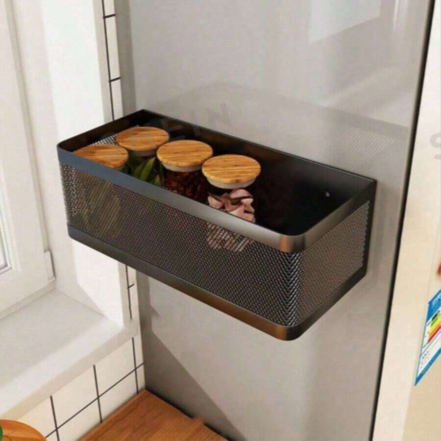 1pc Magnetic Refrigerator Side Storage Basket, Multi-Functional Seasoning & Kitchen Utensil Rack, Storage Organizer Accessory, Storage & Organization Tool - Multicolor - View 1