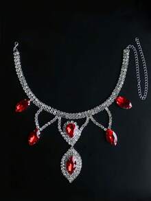 Übertriebene personalisierte Wassertropfen Halskette & Ohrringe Mode Multifunktionale Strass Braut Hochzeit Schlüsselbein Kette - Rot - Übersicht 7