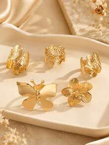 1/5pcs Gold Bow & Flower Open Ring Set, Oversized Hollow Wide Cuff Stackable Rings - D064-5pcs - View 1