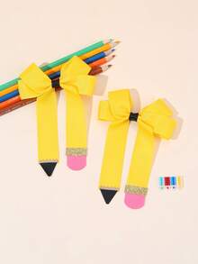 2pcs Solid Yellow Pencil Shape Bow, Glitter Pink Eraser Alligator Hair Clips For Back To School Daily Styling, Sweet Kids Hair Accessories - Yellow - View 8
