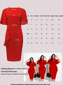 Women's Elegant Vintage Solid Color Round Neck Ruffle Hem Bodycon Dress, Spring/Summer Red - Red - View 11