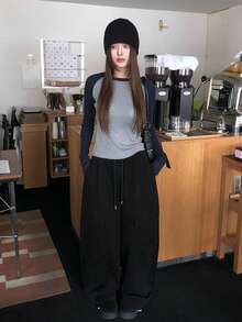 Korean Style Fashion Versatile Slimming Round Neck Contrast Color Raglan Sleeve Ribbed Knit Sweater - Grey - View 7