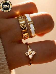 ZCNC Znice 2026 New 304 Stainless Steel 18K Gold Plated Stackable Ring Set, Women's Style, 3pcs Clover And Full Rhinestone Personalized Rings, Hypoallergenic Minimalist Jewelry, Perfect Mother's Day Gift, Summer Vacation Accessory - Gold 2 - View 8