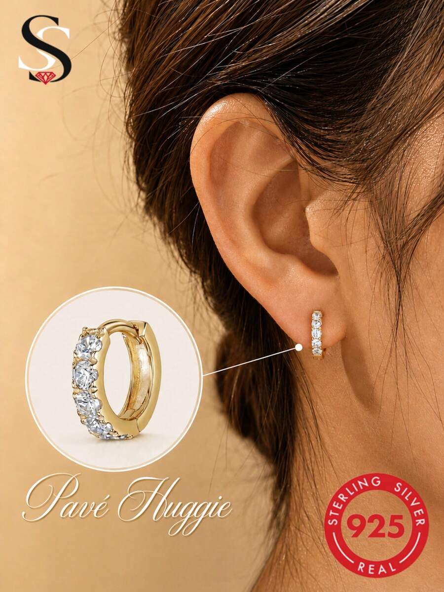 SereneSpark 1pc 925 Sterling Silver Single Row Crystal Earrings, Unisex, Daily Decoration