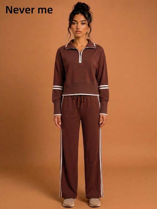 Never me Women's 2 Pieces Sports Set Half-Zip Stand Collar Sweatshirt And Striped Sweatpants Casual Fitness Outfit