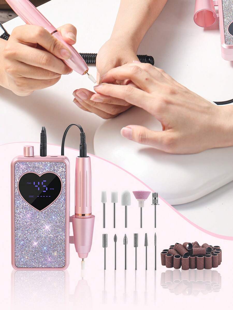 Portable Rechargeable Nail Drill Machine Set 45000 RPM Heart Rhinestone Display Electric Nail File With Multiple Nail Bits Sanding Bands For DIY Salon Manicure - Multicolor - View 1