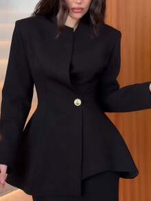 Women's Elegant Commute Long Sleeve Open Front Waist-Cinching Blazer (With Shoulder Pads) Solid Color Office Daily Autumn/Winter - Black - View 4