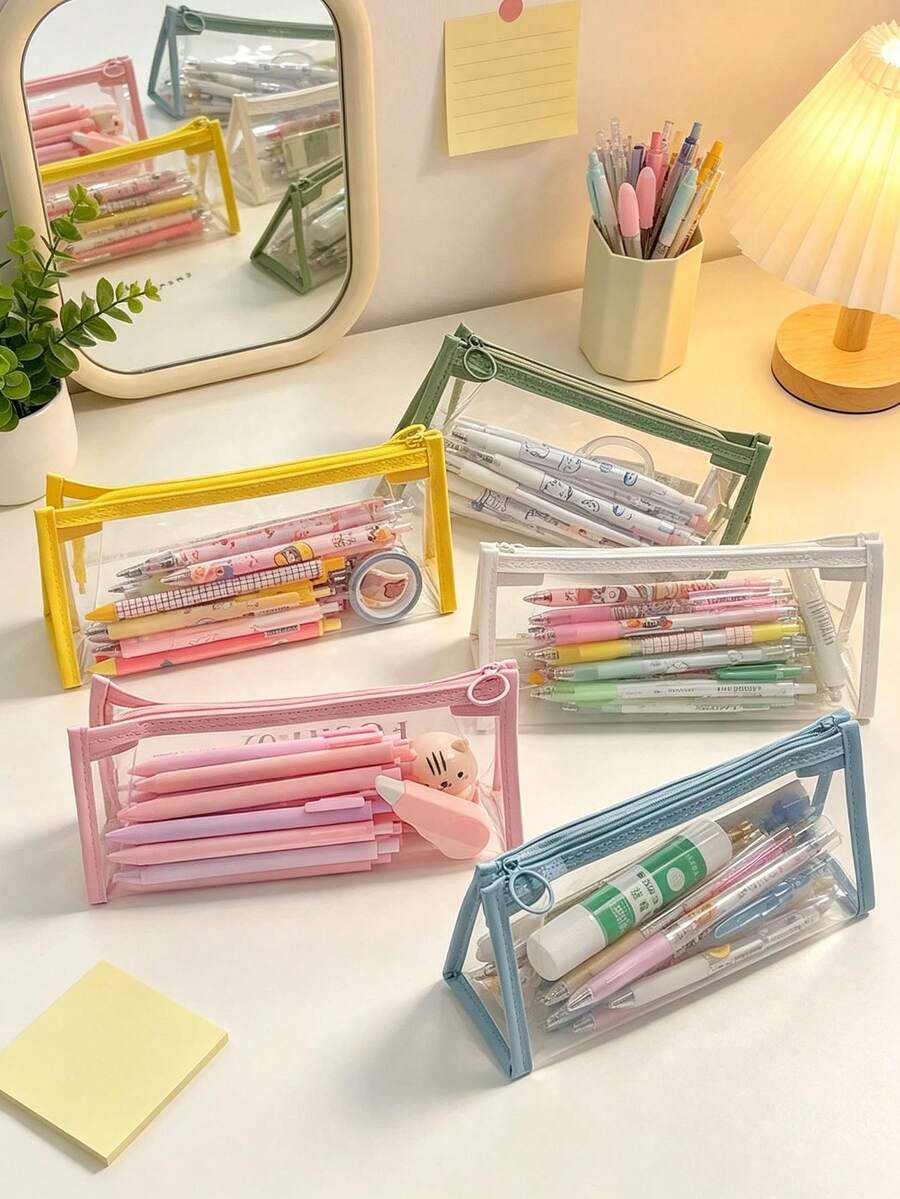 1/4 Transparent PVC Zipper Pencil Pouch, Large Capacity Minimalist Storage Bag, Waterproof Clear Design, Suitable For All Seasons, Ideal For Students And Office Workers, Perfect For School, Exams, Travel And Daily Use