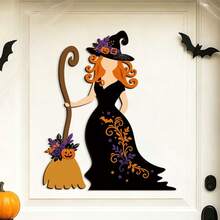 Wooden Halloween Witch Wall Decor Sign, Scary Pumpkin Witch Broom Door Hanging Sticker, Gothic Eerie Indoor Front Door Farmhouse Style Holiday Party Wall Decoration Gift - A - View 2