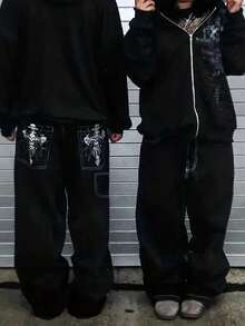 Teen Boy Vintage Washed Wide Leg Jeans, Cross And Skull Pattern, Y2K - Black - View 1