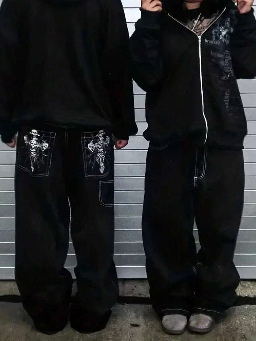 Teen Boy Vintage Washed Wide Leg Jeans, Cross And Skull Pattern, Y2K - Black - View 1