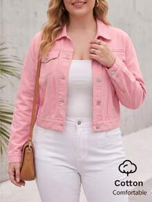 Traceable Cotton Flap Pocket Classic Plus Size Denim Jacket Casual Pink - Pink - View 1