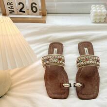 Fashion Thick-Sole Square Toe Woven Slide Sandals For Women, French Style Vacation Chic Platform Wedge Slippers - Brown - View 4