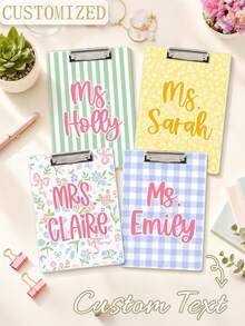 Personalized Name Acrylic Clipboard, Customized Teacher Name Clipboard, Macaron Color Plaid Floral Bow Pattern Office Clipboard, Customized Desktop Accessory Gift, For Teachers And Female Colleagues - Multicolor - View 2