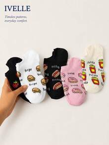 5 Pairs Women's Food Print No Show Socks, Cute Donut Burger Strawberry Cotton Low Cut Socks - Multicolor - View 2