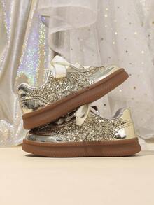 1 Pair New Baby Shiny Rhinestone Sports Shoes, Girls Fashion Training Shoes - Gold - View 6