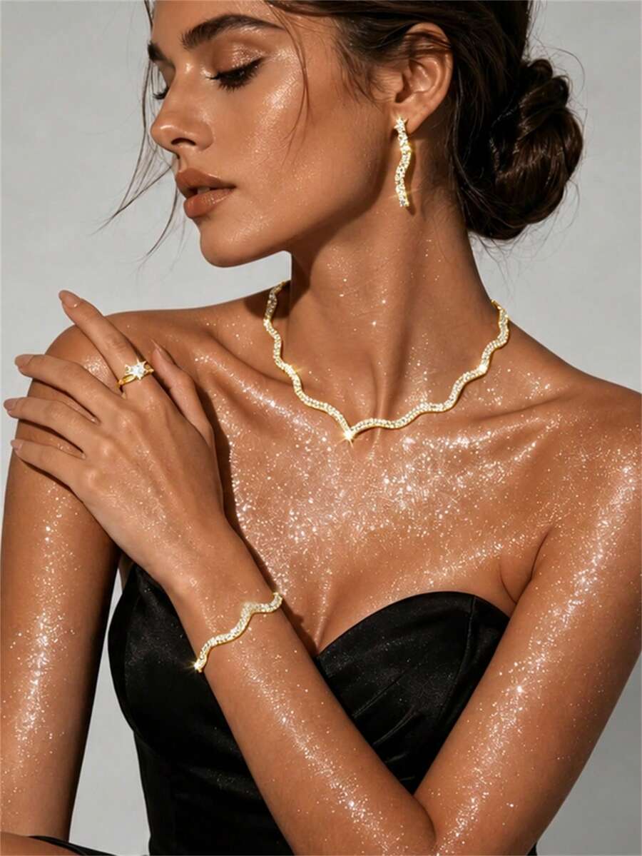 5pcs Luxury Sparkling Crystal Necklace Set, Bridal Wedding Party Dress Jewelry Accessories For Women - Gold - View 1