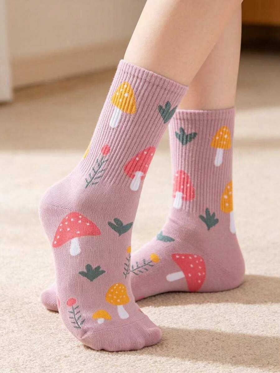 1/2/3/4/5/6雙女款蘑菇印花中筒襪,適合日常穿著 - 彩色 - 查看 1