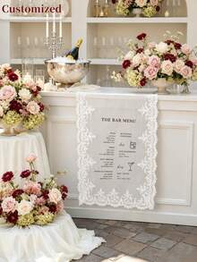 Customizable Table Runner, White Floral Lace Edge Sheer Fabric, Burgundy Red Ink Print, Autumn Wedding Bar Decor, Outdoor/Indoor Wedding Reception Backdrop Prop - Multicolor - View 4